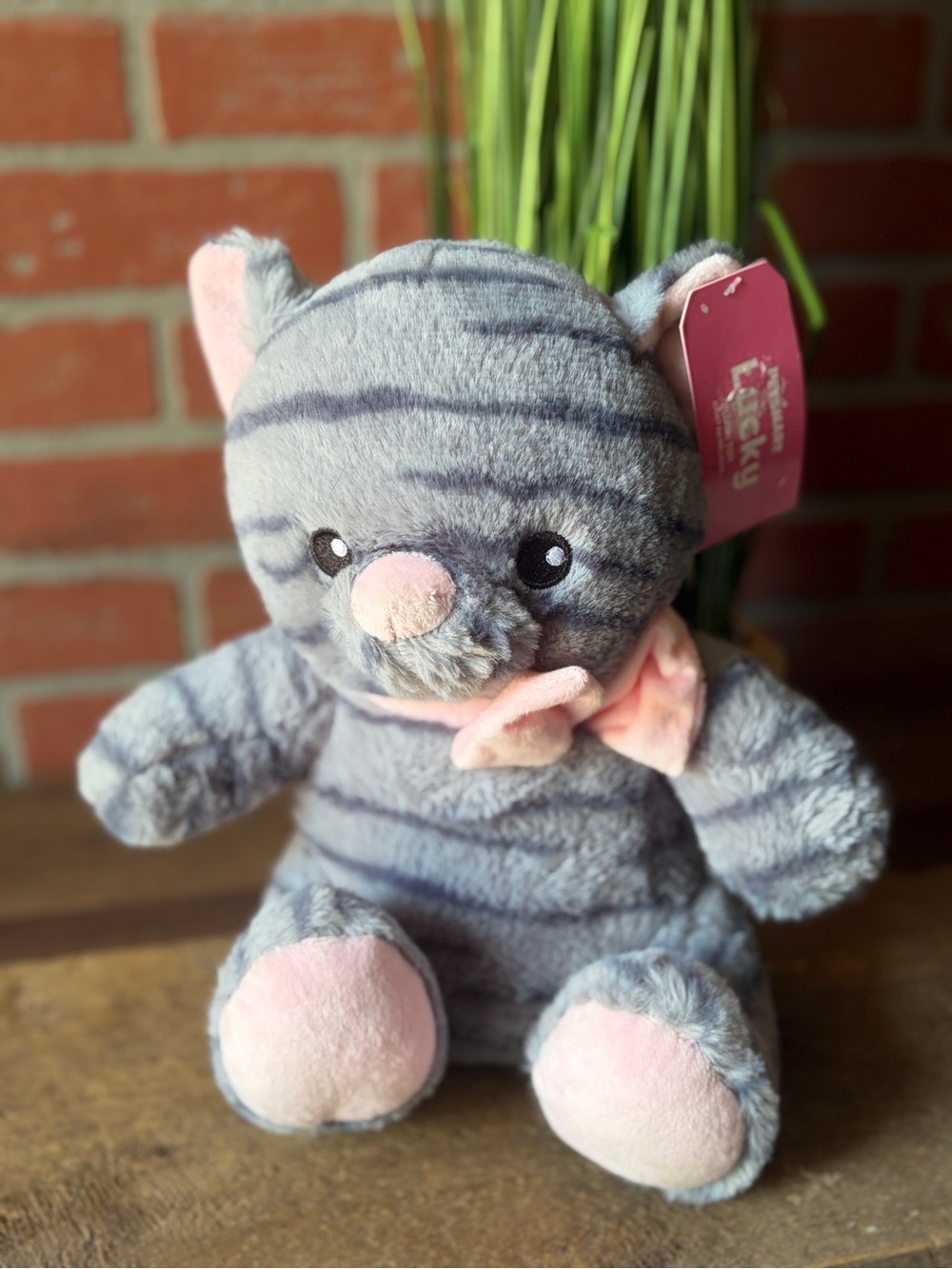 PetSmart Lucky Gray Tabby Cat Plush Toy with Pink Bow Stuffed Animal NWT